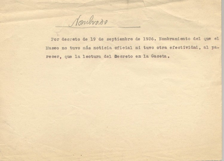 Nota por la que se da cuenta del nombramiento de Pablo Ruiz Picasso como Director del Museo del Prado. Fecha 26-09-1936